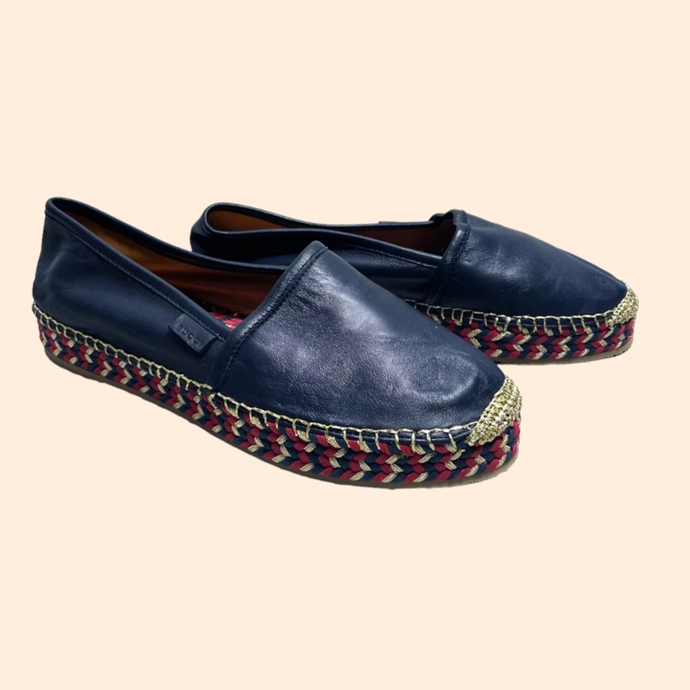 Gucci Pilar Blue Leather Espadrille Flats